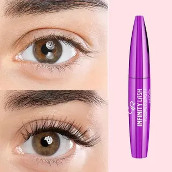 نمای قبل و بعد مژه با ریمل گلدن رز مدل Infinity Lash Volume & Length Mascara