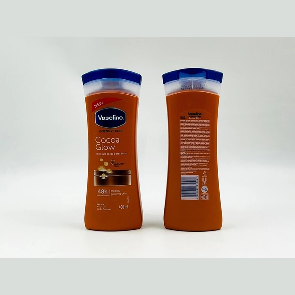 نمای جلو و پشت بسته‌بندی لوسیون بدن وازلین مدل Cocoa Glow
