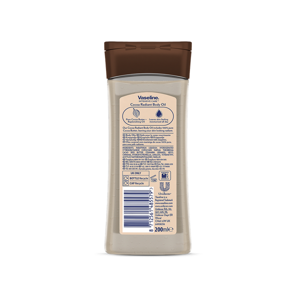 نمای پشت بسته‌بندی روغن ژلی بدن وازلین مدل Cocoa Radiant