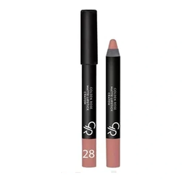 نمای محصول و درپوش رژ لب مدادی مات گلدن رز مدل Matte Lipstick Crayon شماره 28 Nude