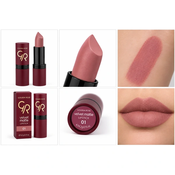 نمای ترکیبی رژ لب مات گلدن رز مدل Velvet Matte شماره 01